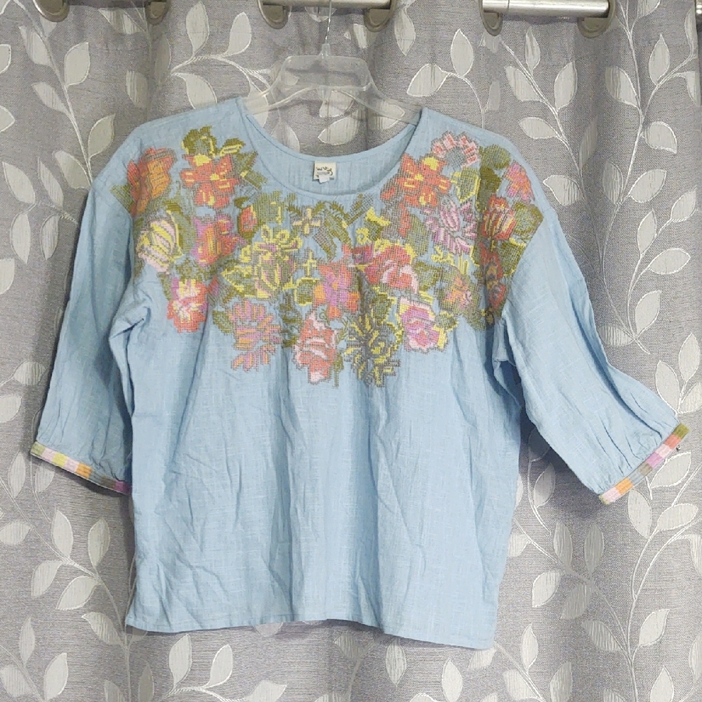 Ivy Jane Floral Embroidered Blue Cotton Top Blouse size S/M